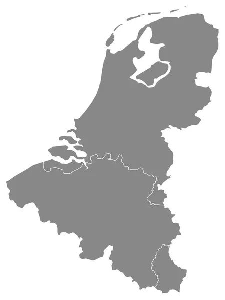 Szczegółowa Szara Płaska Mapa Geograficzna Beneluksu Belgia Niderlandy Luksemburg — Wektor stockowy