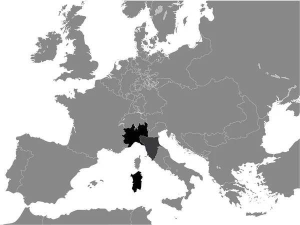欧洲大陆灰色地图内的撒丁岛王国黑色平面地图 1860年 — 图库矢量图片