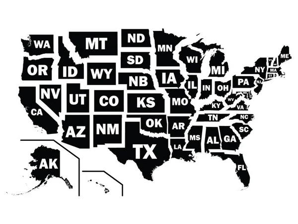 Силуэт Карта Соединенных Штатов Америки Федеральные Штаты Аббревиатурами Почтового Индекса — стоковый вектор