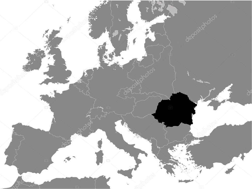 Black Flat Map of Kingdom of Romania (year 1939) inside Gray Map of European Continent