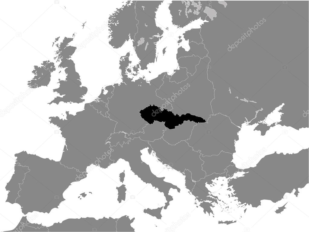 Black Flat Map of Czechoslovak Republic (year 1938) inside Gray Map of European Continent