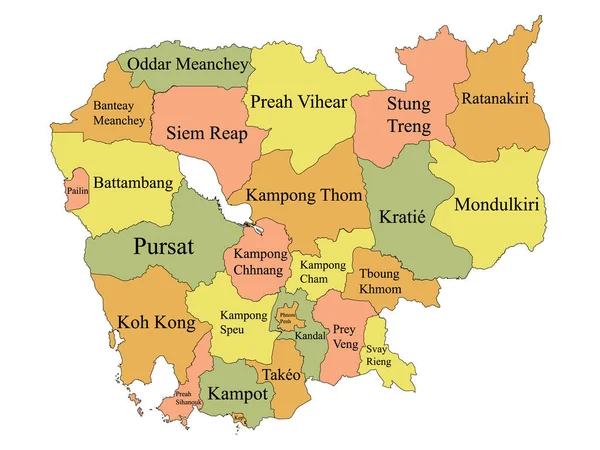 Pastel Gekleurde Gelabelde Provincies Kaart Van Aziatisch Land Cambodja — Stockvector