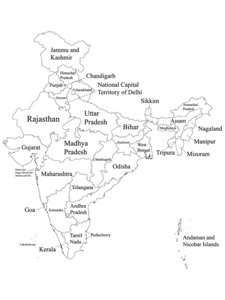 White Labeled States Union Territories Mapa País Asiático Índia — Vetor de Stock