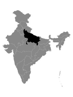 Hindistan 'ın Gri Haritası içinde Hindistan' ın Uttar Pradesh Eyaleti Siyah Konum Haritası