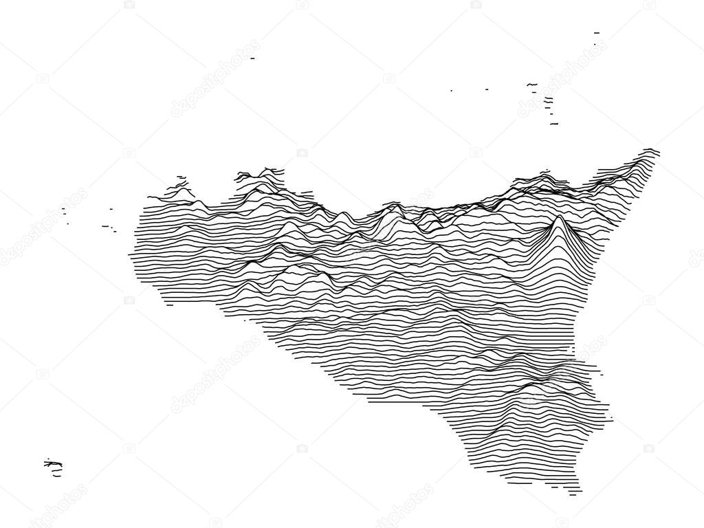 Black and White 3D Contour Topography Map of Italian Region of Sicily
