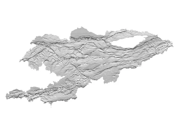 キルギスのアジア諸国の黒と白の3Dコンタクト地形図 — ストックベクタ