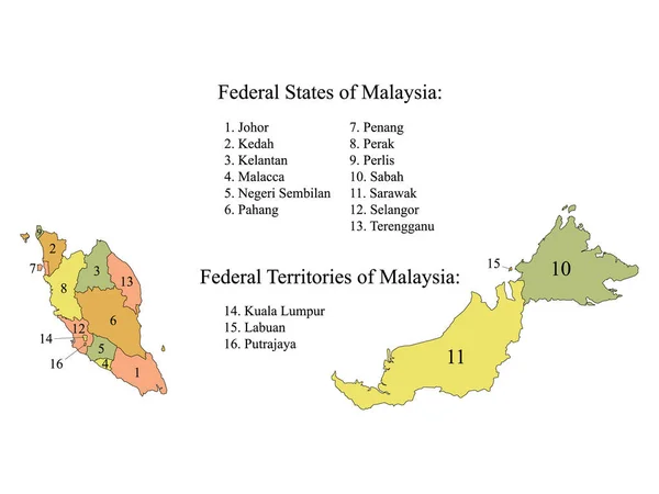 Pastel Colorido Rotulado Estados Planos Mapa País Asiático Malásia —  Vetores de Stock