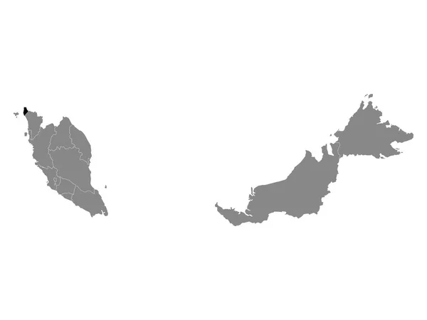 Schwarze Landkarte Des Malaysischen Bundesstaates Perlis Innerhalb Der Grauen Landkarte — Stockvektor