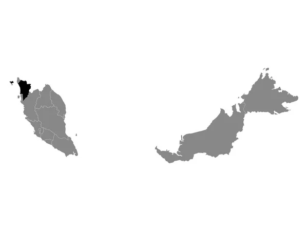 Schwarze Landkarte Des Malaysischen Bundesstaates Kedah Innerhalb Der Grauen Landkarte — Stockvektor