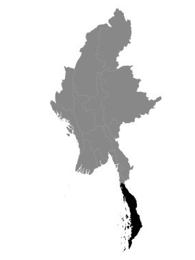 Myanmar / Birmanya Tanintharyi Bölgesi 'nin Siyah Konum Haritası Myanmar Gri Haritası içinde