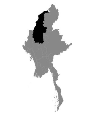 Myanmar / Birmanya Sagaing bölgesinin Siyah Konum Haritası Myanmar 'ın Gri Haritası içinde