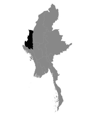 Myanmar / Birmanya Çene Devleti 'nin Siyah Konum Haritası Myanmar' ın Gri Haritası içinde