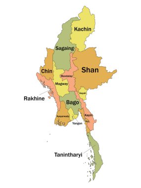 Pastel Renkli Düz Etiketli İl Myanmar Asya Ülkesi Haritası