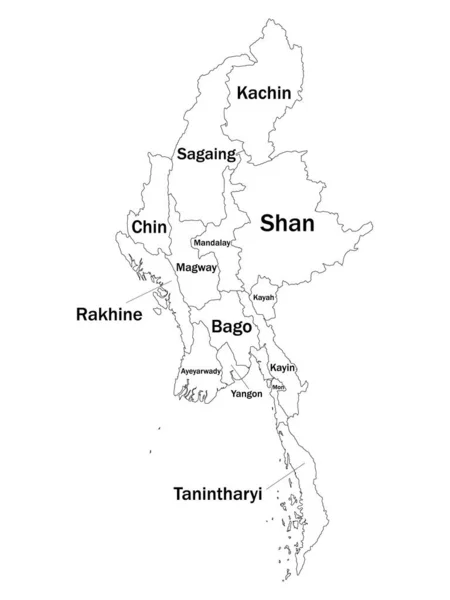 ミャンマーのアジア諸国の白いラベル付きフラット州地図 — ストックベクタ