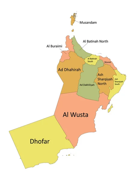 Пастельний Колір Мічених Плоских Губернаторів Карта Азійської Країни Оман — стоковий вектор