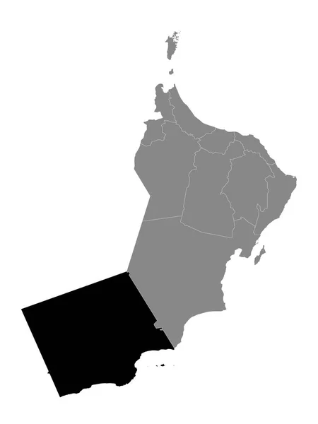 オマーンの灰色の地図の中のドファール県の黒い場所 — ストックベクタ