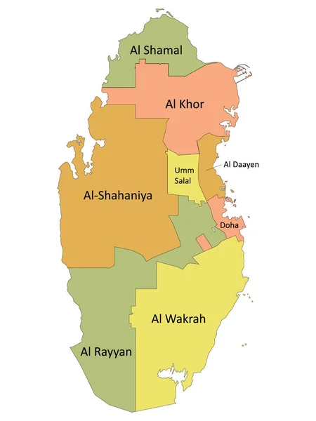 Pastel Colorido Rotulado Municípios Planos Mapa País Asiático Qatar — Vetor de Stock