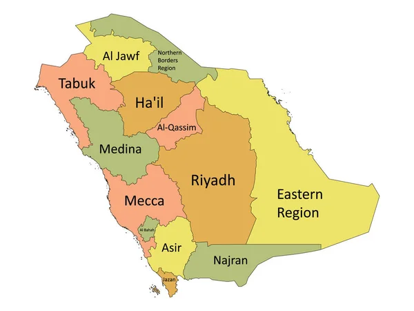 Pastel Colored Labeled Flat Regions Map Middle East Country Saudi — стоковый вектор