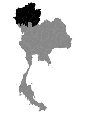 Tayland 'ın kuzeyindeki Tayland bölgesinin Gri Haritası Siyah Konum Haritası