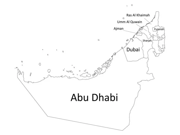 アラブ首長国連邦のアジア諸国の白いラベル付きフラット州地図 — ストックベクタ