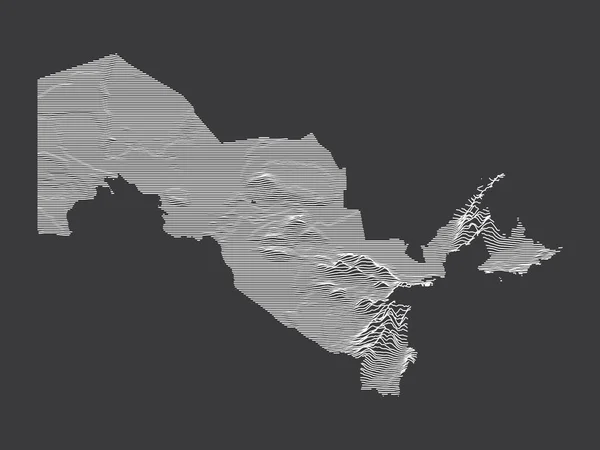 ウズベキスタンのアジア諸国の暗い黒と白の3Dコンタクト地形図 — ストックベクタ