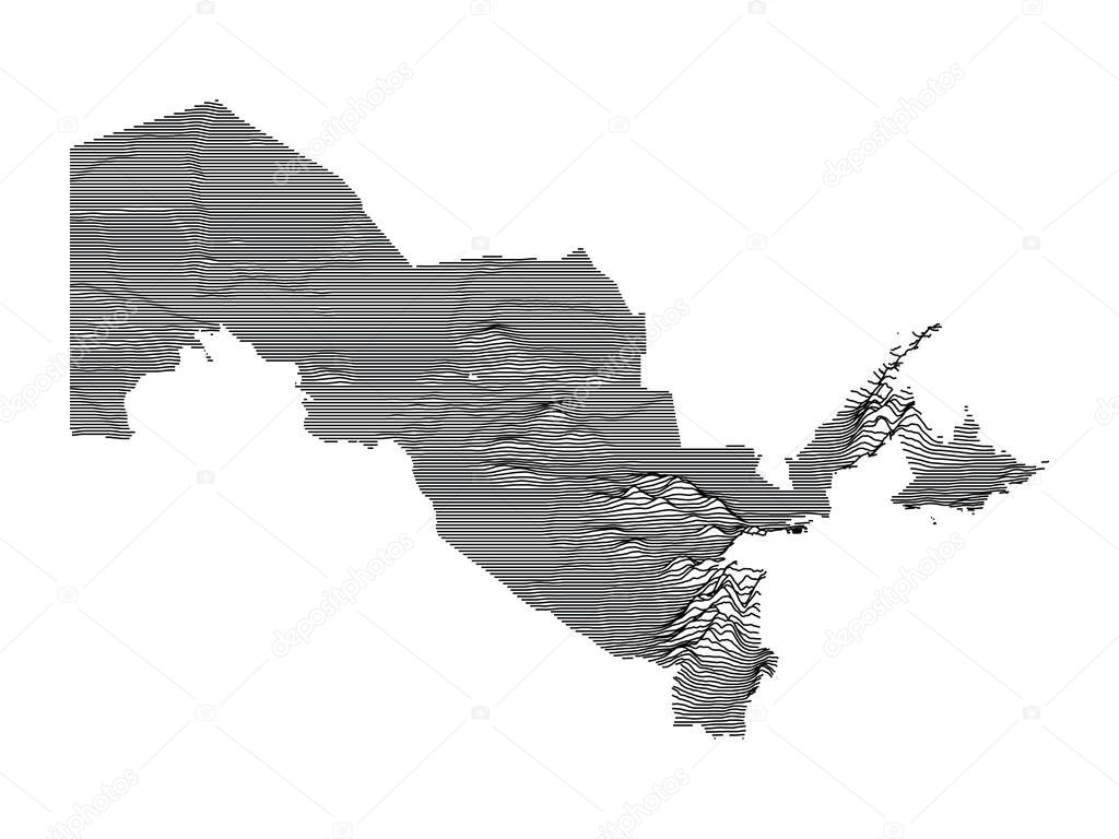 Black and White 3D Contour Topography Map of the Asian Country of Uzbekistan
