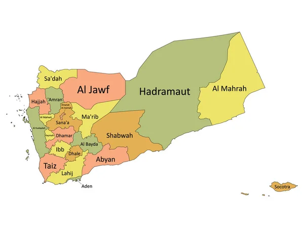 Pastel Colorido Rotulado Plano Províncias Mapa País Asiático Iêmen — Vetor de Stock