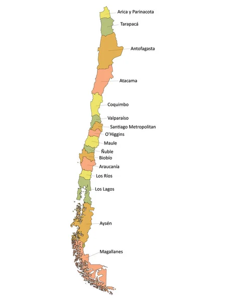 Pastel Colored Labeled Flat Provinces Map South American Country Chile — Stock Vector