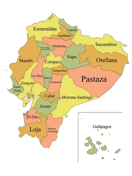 Pastel Colorido Rotulado Plano Províncias Mapa País Sul Americano Equador —  Vetores de Stock