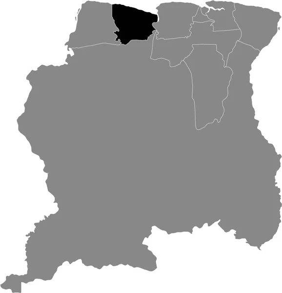苏里南科洛尼行政区在苏里南灰色地图内的黑色位置图 — 图库矢量图片