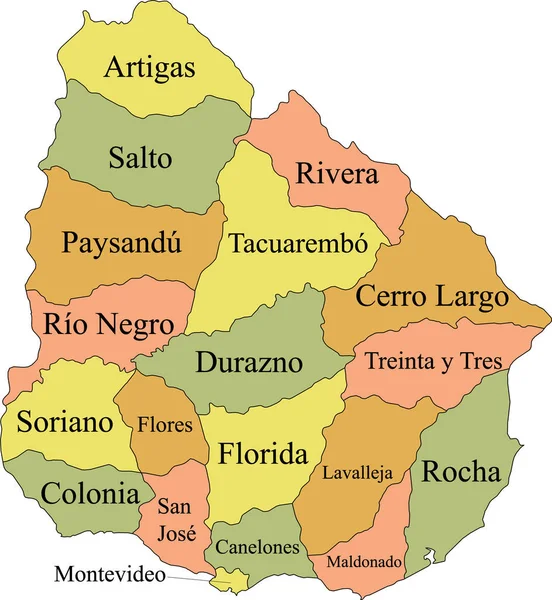 Pastel Colored Labeled Flat Depdepartments Map South American Country Uruguay — стоковый вектор