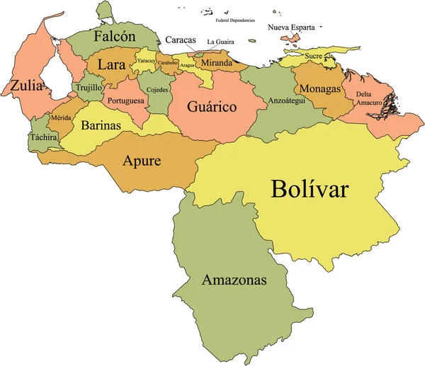 Pastel Colorido Rotulado Estados Planos Mapa País Sul Americano Venezuela —  Vetores de Stock