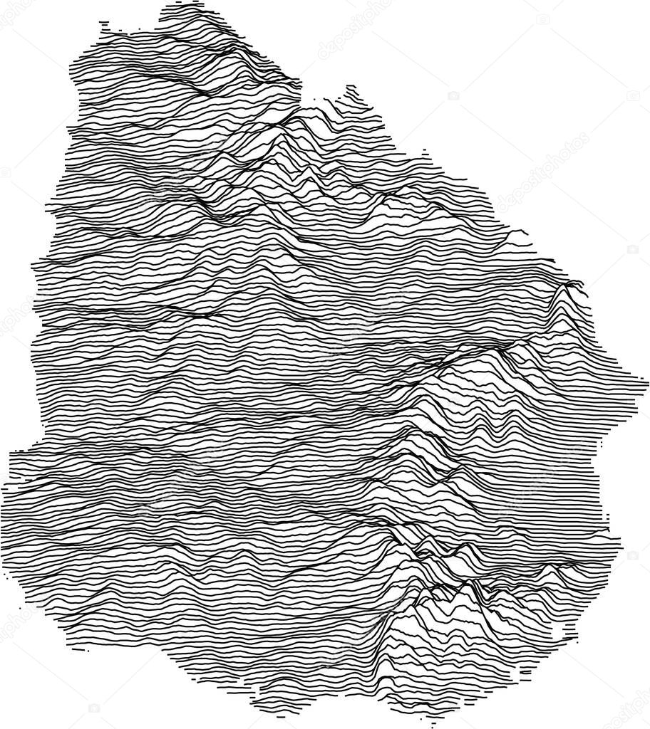 Black and White 3D Contour Topography Map of the South American Country of Uruguay