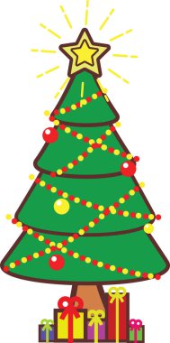 Basit karikatür el çizimi süslemeli Noel ağacı