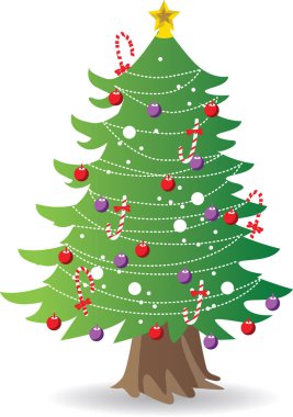 Basit karikatür el çizimi süslemeli Noel ağacı