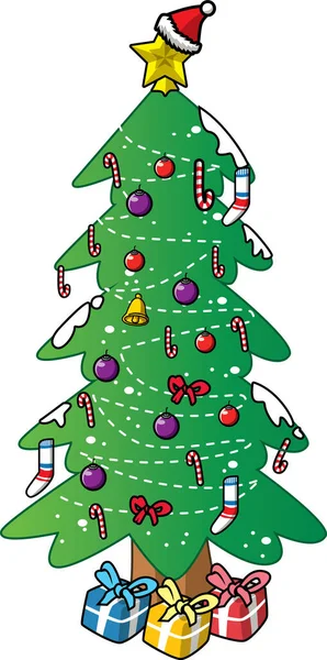 Simple Dibujos Animados Dibujado Mano Vector Árbol Navidad Con Adornos — Vector de stock