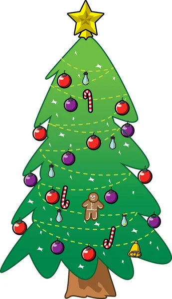 Simple Dibujos Animados Dibujado Mano Vector Árbol Navidad Con Adornos — Vector de stock