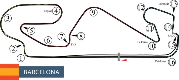 サーキット バルセロナ カタルーニャモータースポーツ2021カレンダーのラベル付きシンプルなレーストラックマップレイアウト — ストックベクタ