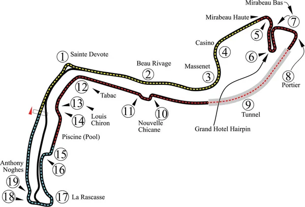サーキット モナコモータースポーツ2021カレンダー用のシンプルなレーストラックマップレイアウト — ストックベクタ