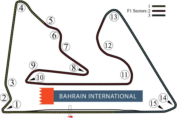 Enkel Kapplöpningsbana Karta Layout Med Etikett För Bahrain International Circuit — Stock vektor