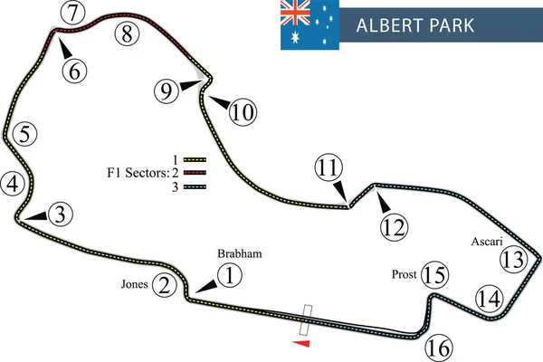 Einfaches Streckenlayout Mit Aufkleber Für Albert Park Melbourne Motorsport Kalender — Stockvektor