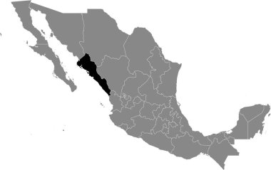 Meksika Sinaloa eyaletinin siyah haritası Meksika 'nın gri haritasında.