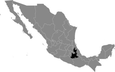 Meksika Puebla eyaletinin siyah konum haritası Meksika 'nın gri haritasında.