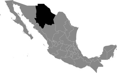 Meksika 'nın gri haritasındaki Meksika Chihuahua eyaletinin siyah konumu.