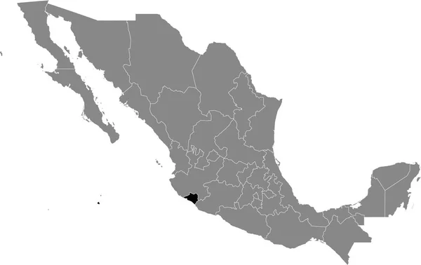 メキシコの灰色の地図の中のメキシコ領コリマ州の黒い場所 — ストックベクタ