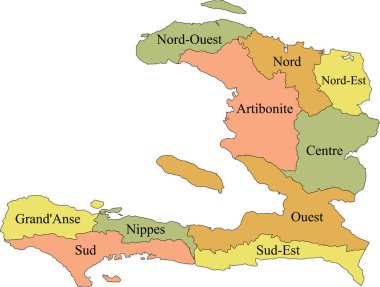 Haiti 'nin siyah kenarlı ve bölümlerinin isimleriyle Pastel vektör haritası.