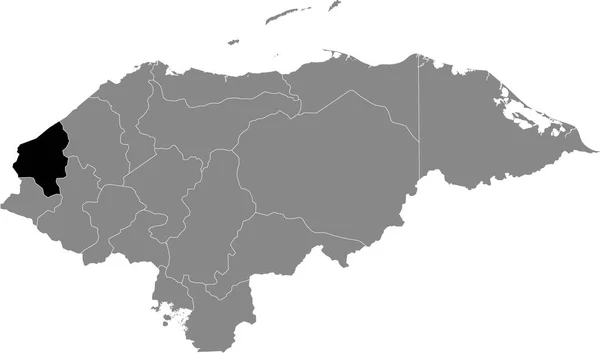 ホンジュラスの灰色の地図の中のホンジュラスのコプン県の黒い場所 — ストックベクタ