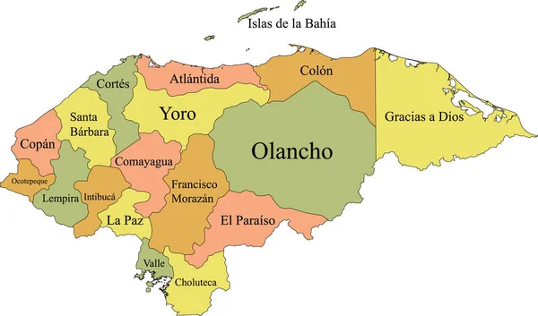 Mapa Vetorial Pastel Honduras Com Fronteiras Negras Nomes Seus Departamentos —  Vetores de Stock