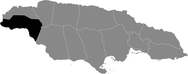 牙买加西莫兰教区灰色地图内的黑色位置图 — 图库矢量图片