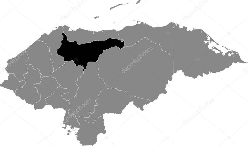 Black location map of the Honduran Yoro department inside gray map of Honduras